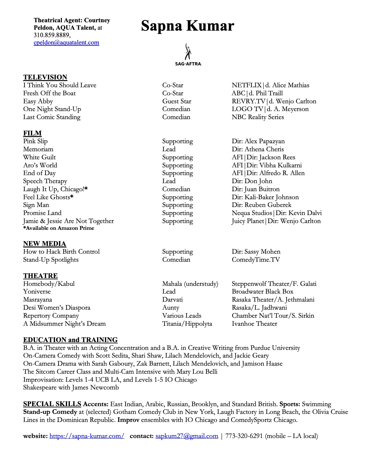 Sapna Kumar acting resume